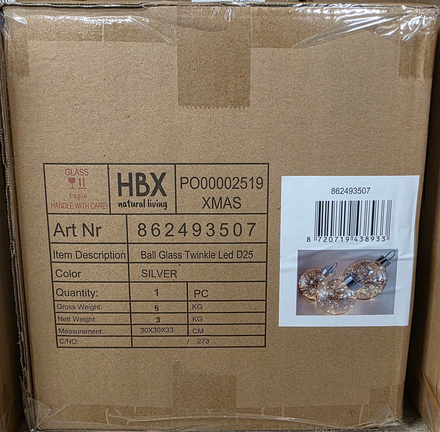 L E D Bauble Glass Twinkle Silver 25cm