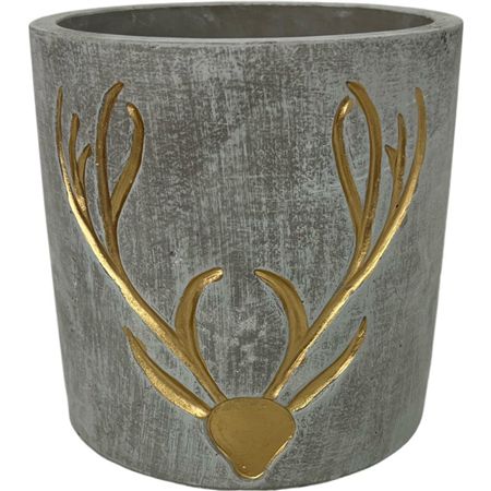 Cement Pot Grey With Gold Stag Head 16cm
