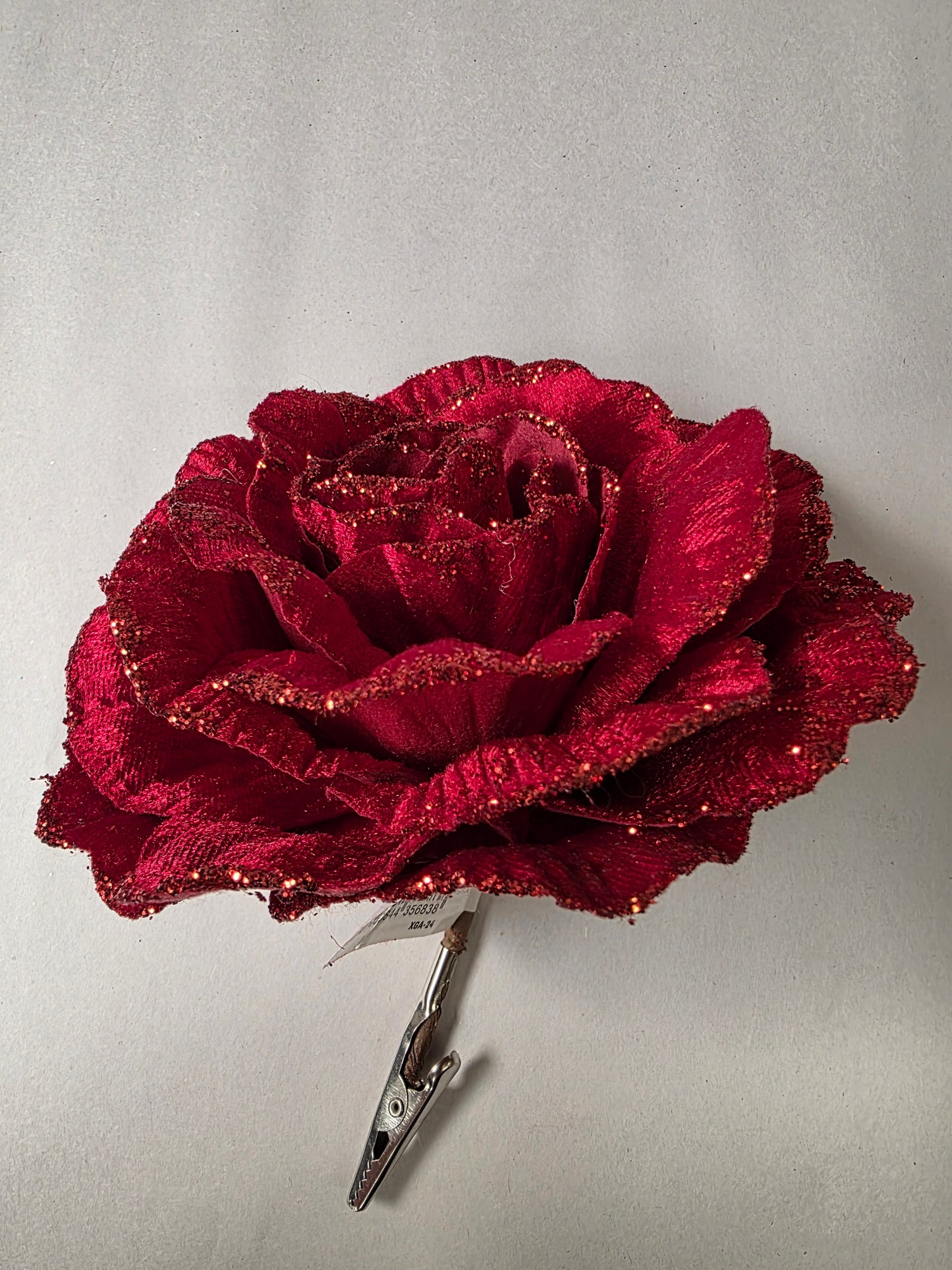 Velvet Rose Red Glitter On Clip 15cm