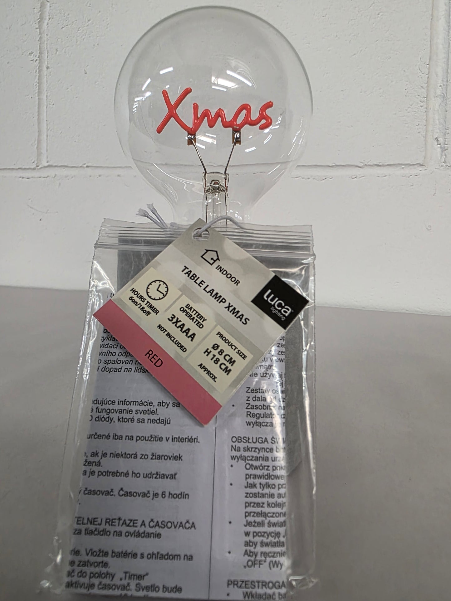 Table Lamp Xmas Red Battery Timer 18x8cm