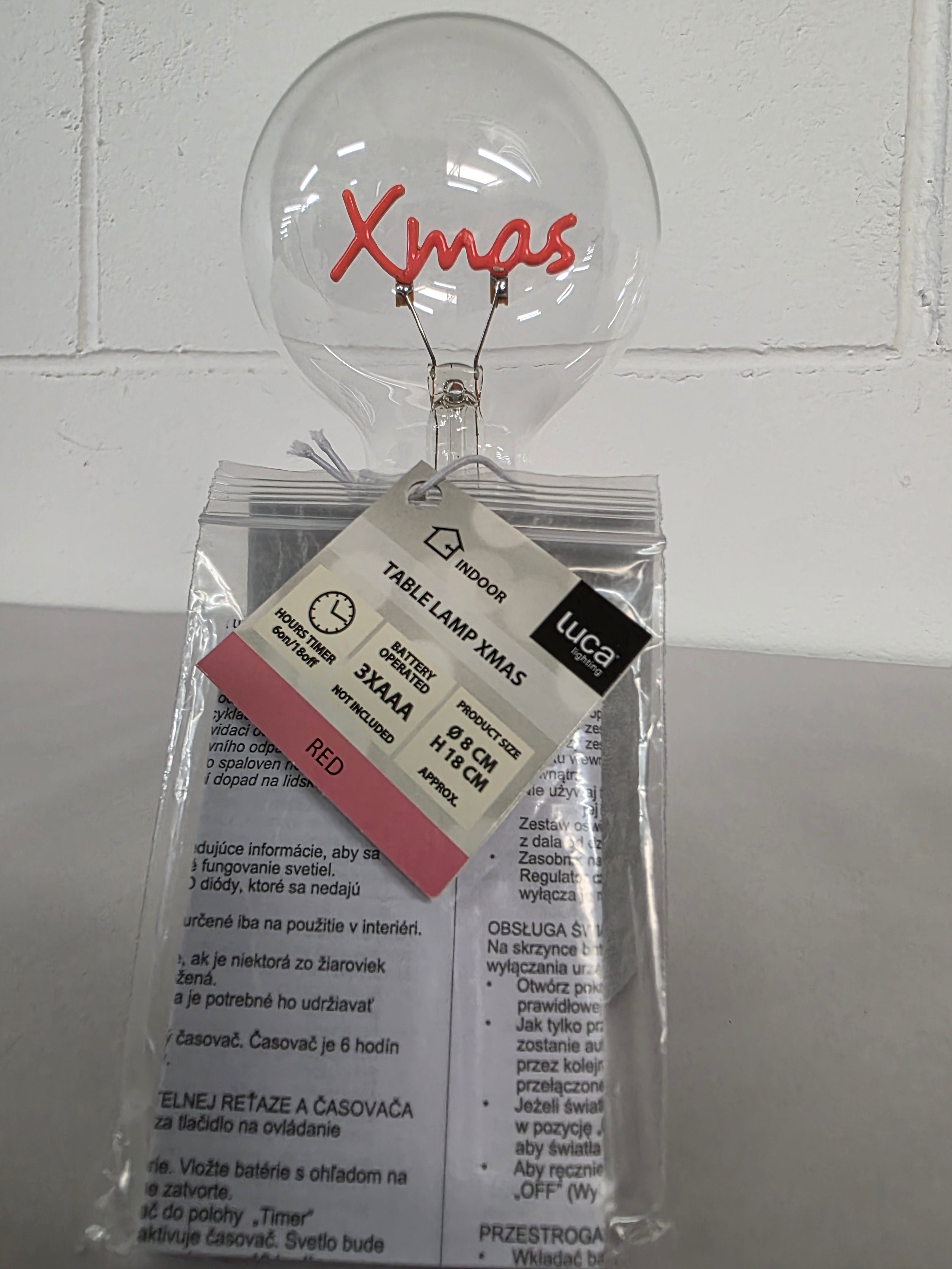 Table Lamp Xmas Red Battery Timer 18x8cm