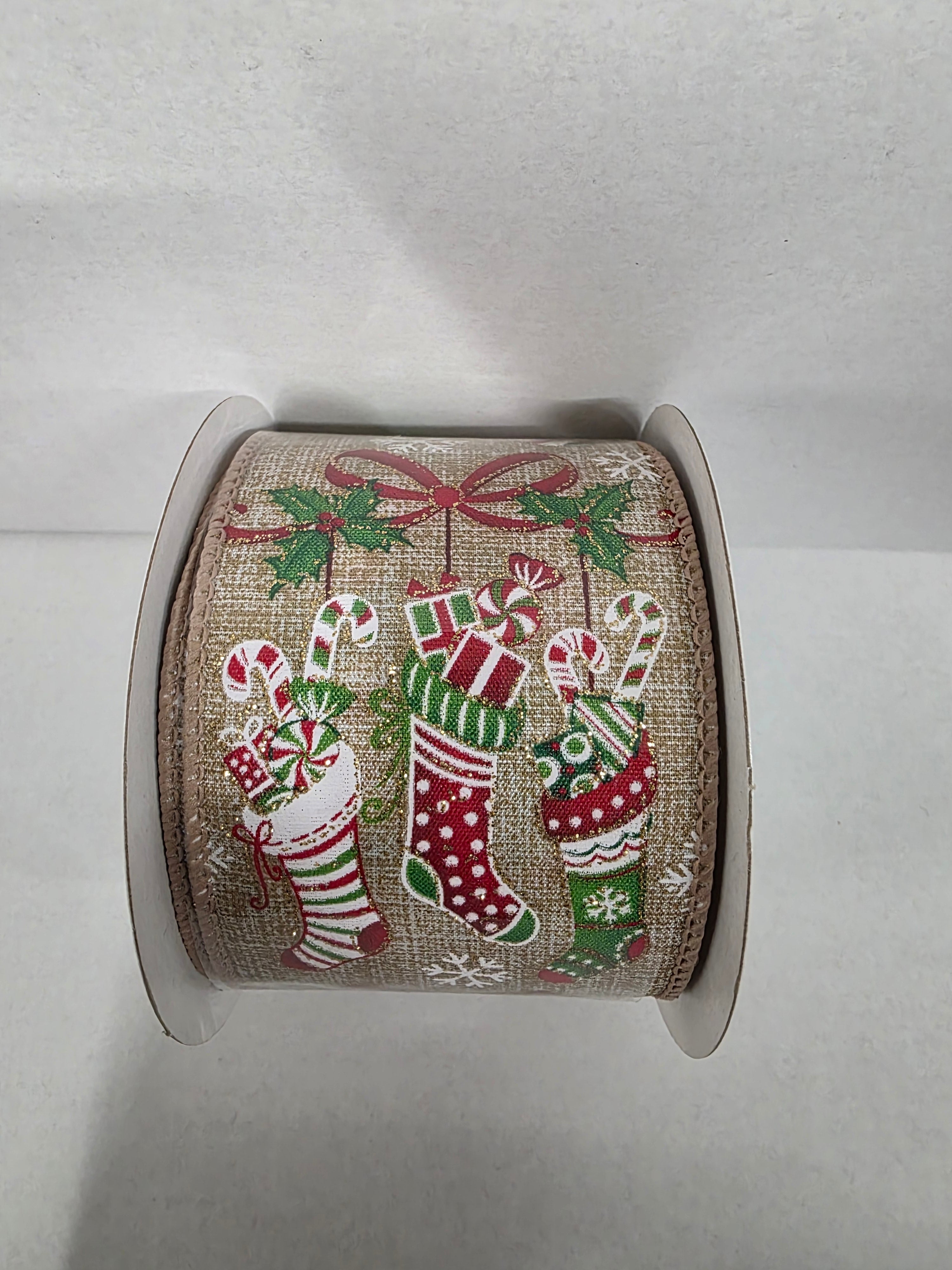 Xmas Ribbon Nat Xmas Stockings Metallic
