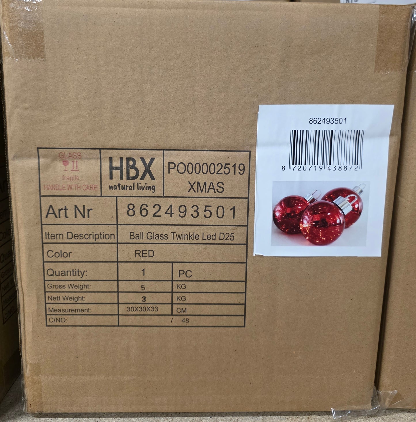 L E D Bauble Glass Twinkle Red 25cm