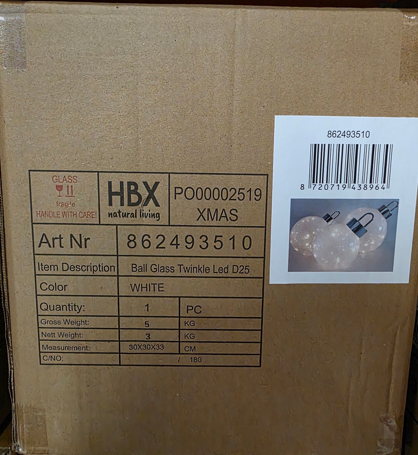 L E D Bauble Glass Twinkle White 25cm