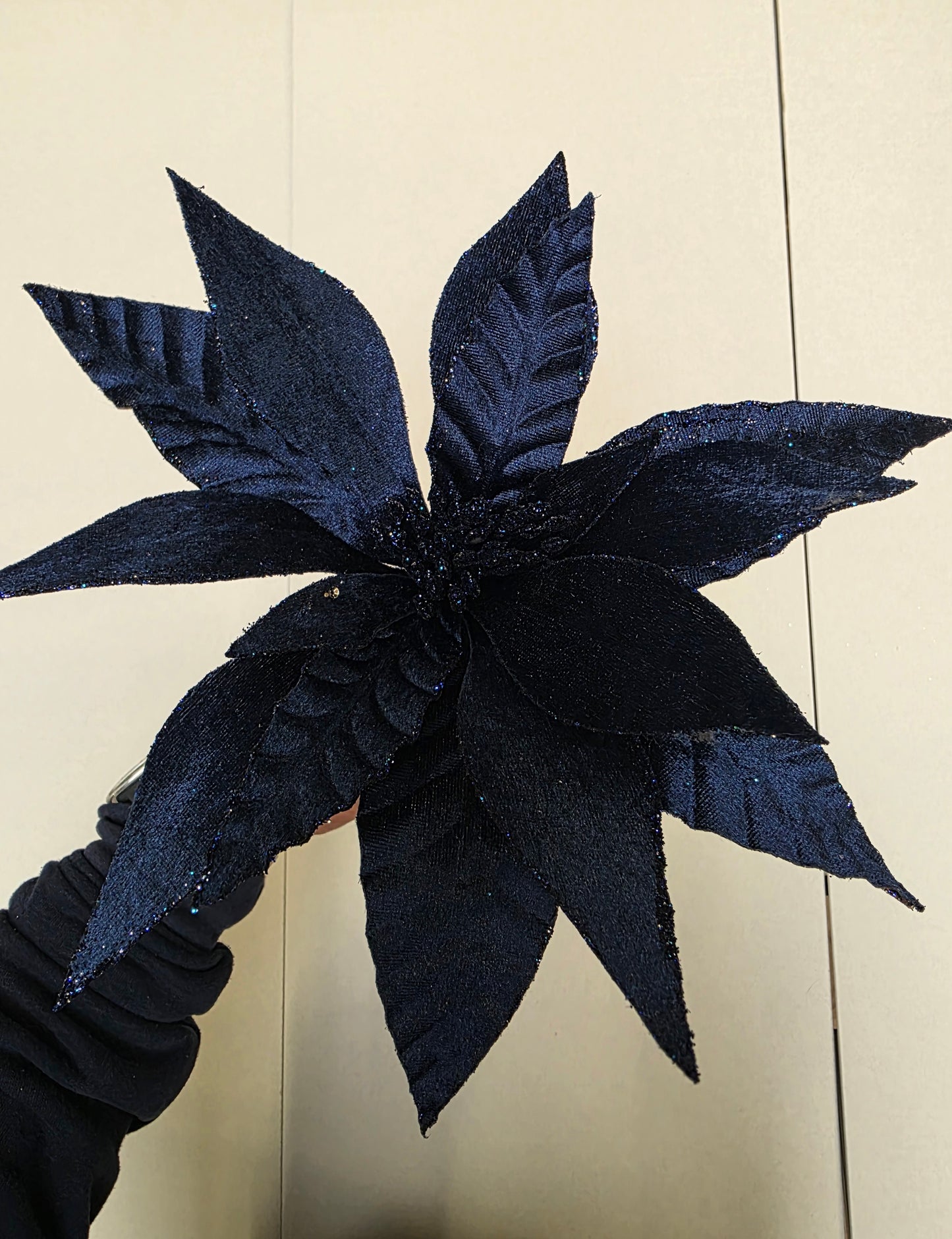 Poinsettia Glitter Stem Dark Blue 30cm