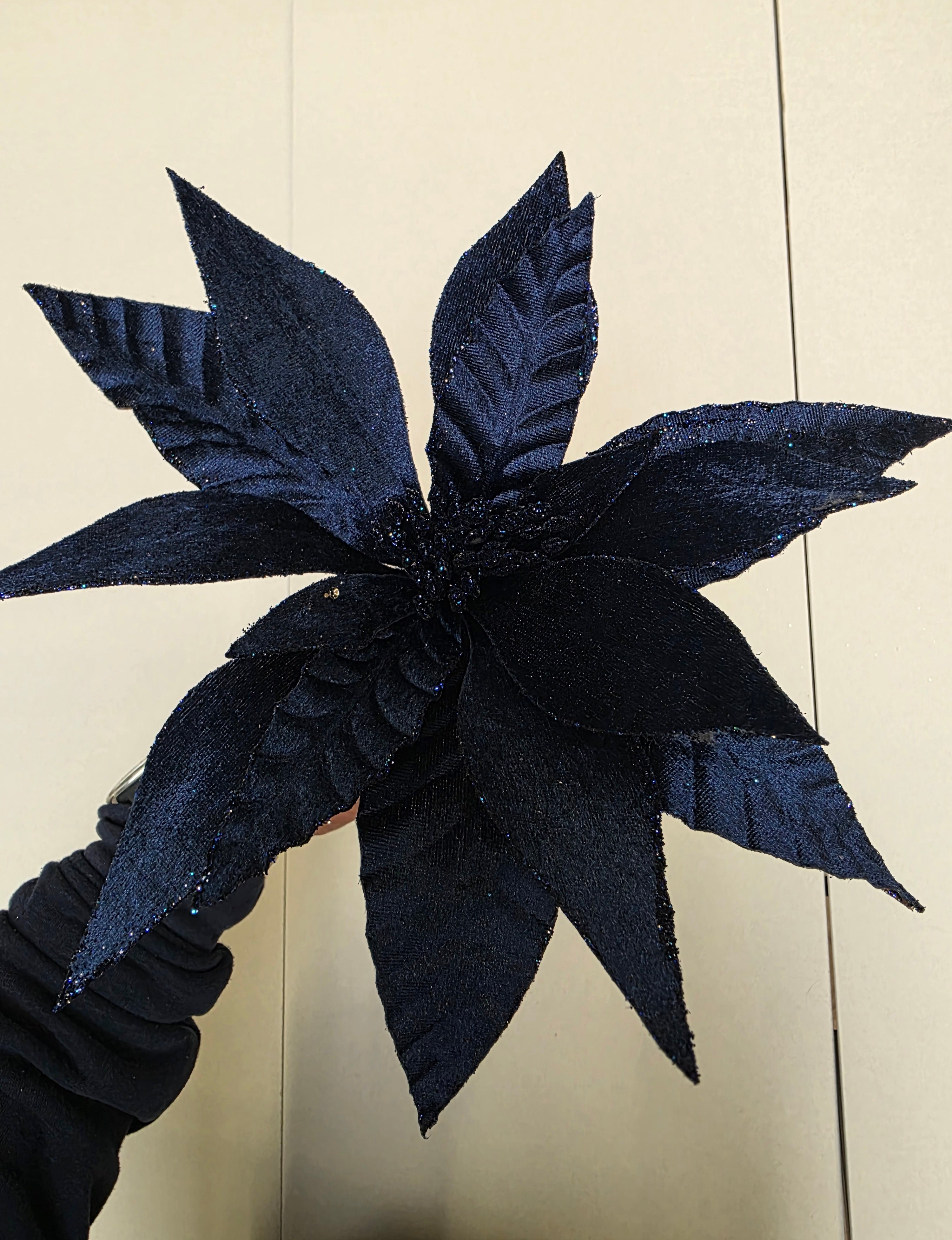 Poinsettia Glitter Stem Dark Blue 30cm
