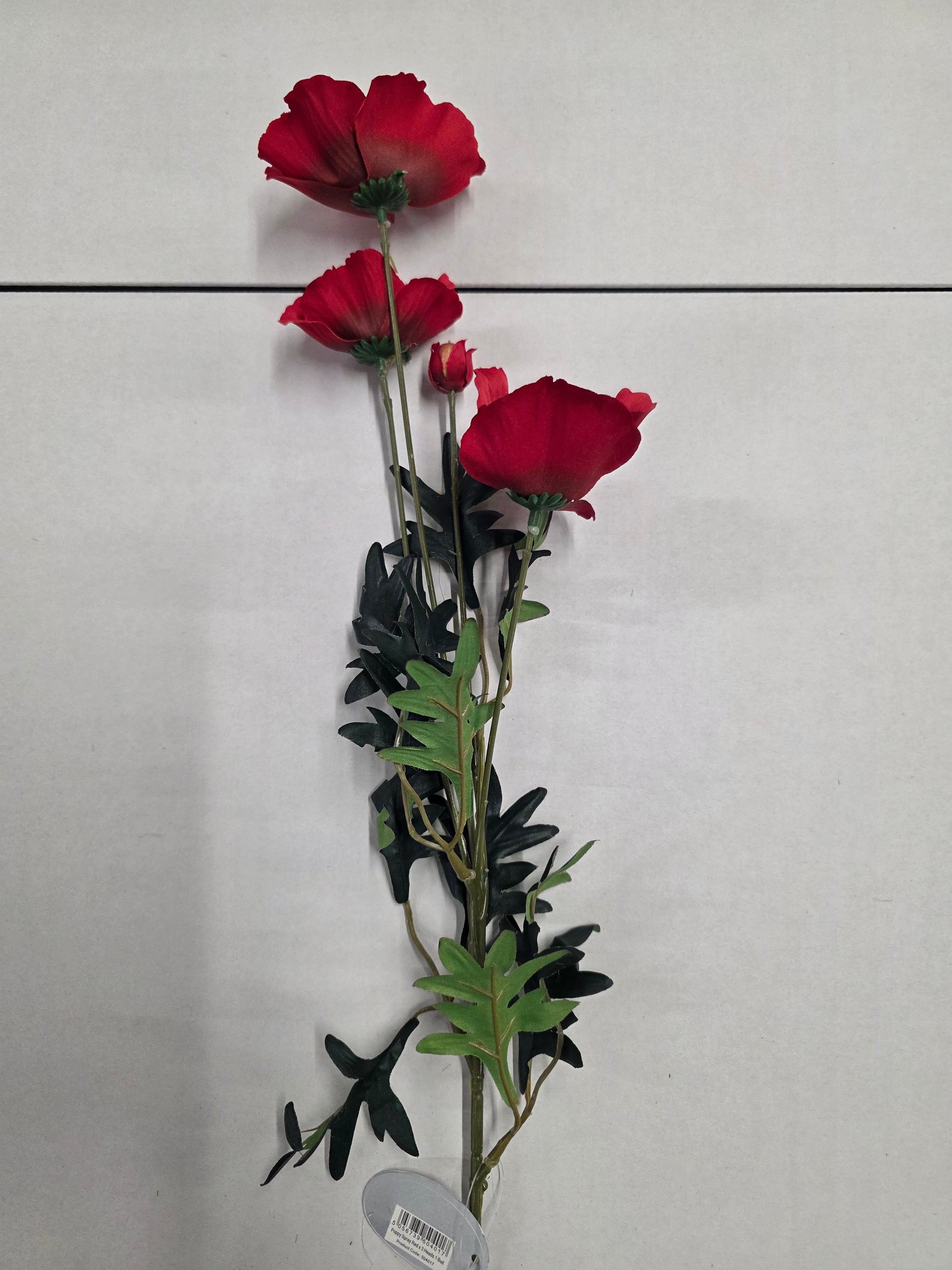 Artificial Poppy Spray Red X 3 Heads 1 Bud (PACK 0F 4)