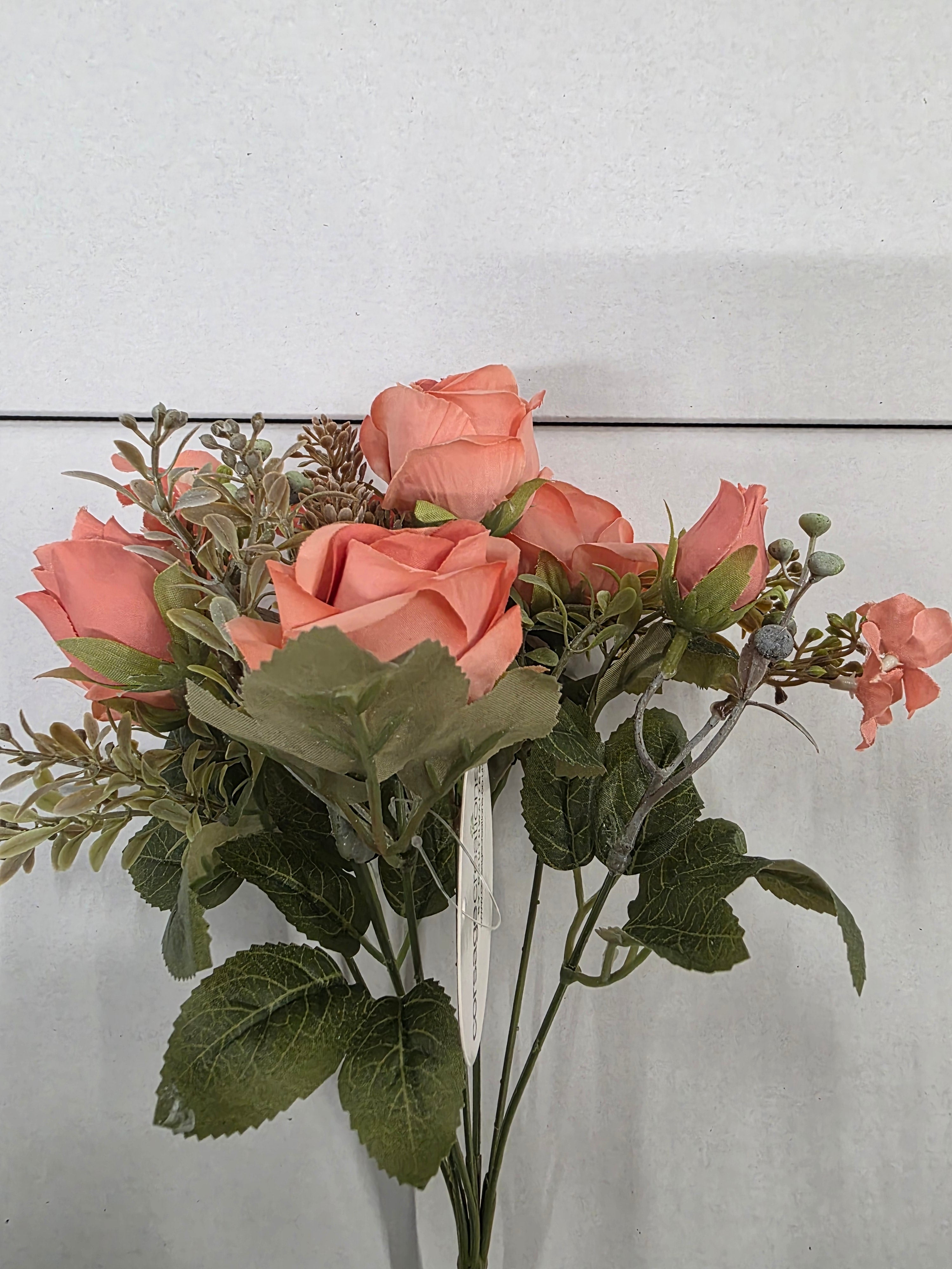 Artificial Rose & Bud Bush Peach 30cm (pack of 2)
