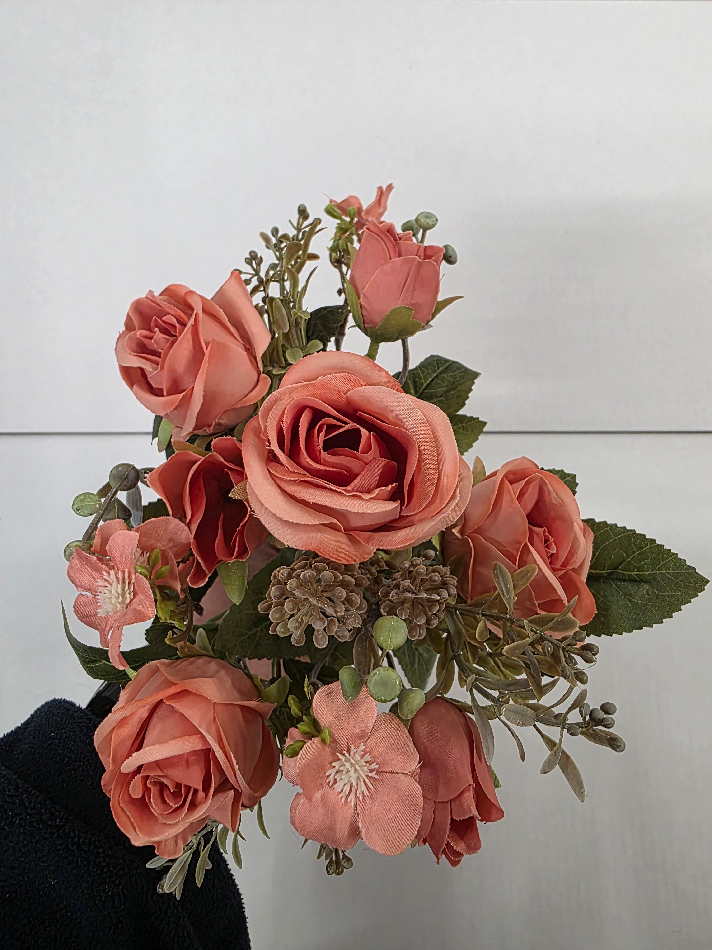 Artificial Rose & Bud Bush Peach 30cm (pack of 2)