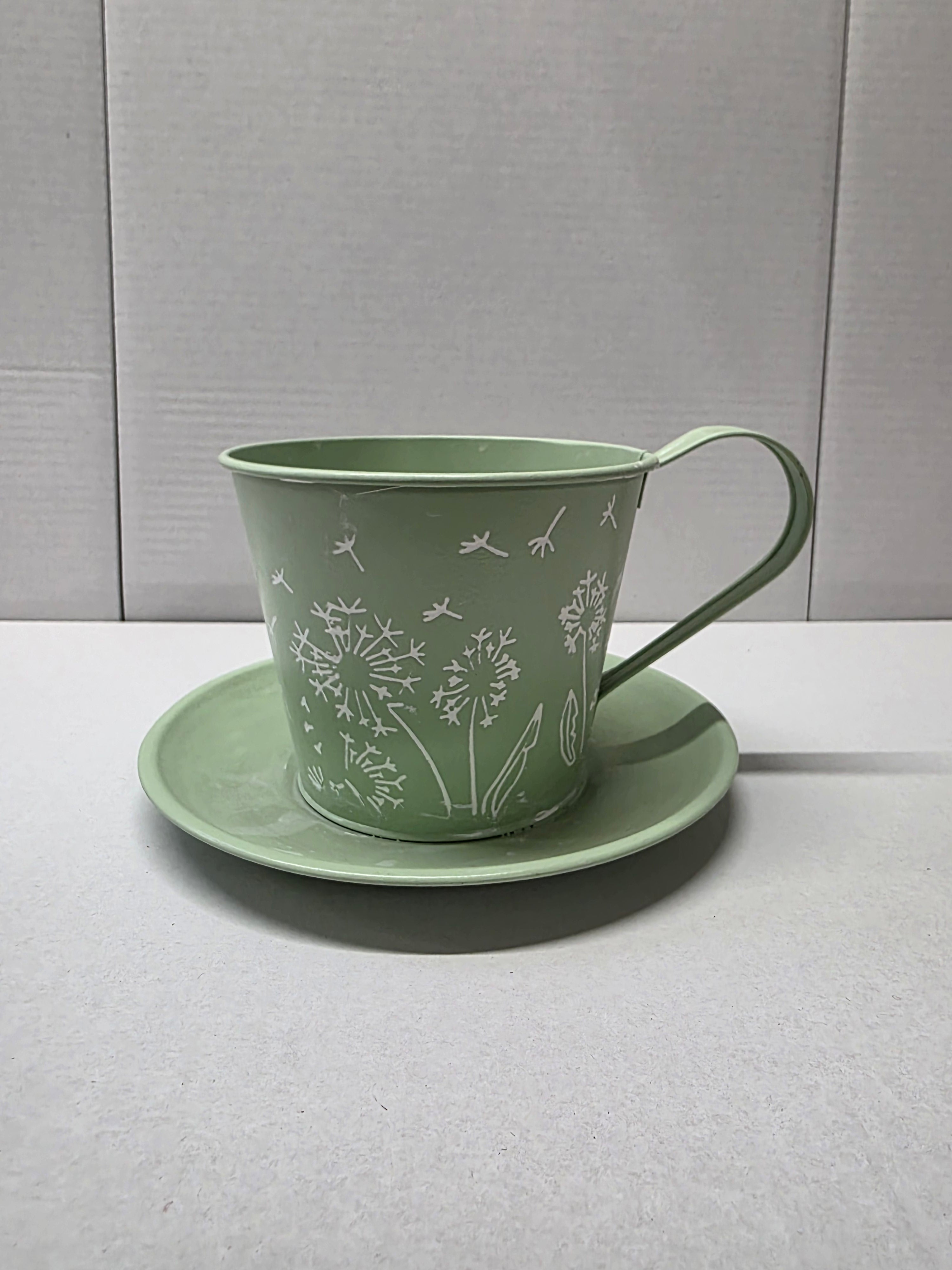 Metal Teacup Green 14x11cm (pack of 2)