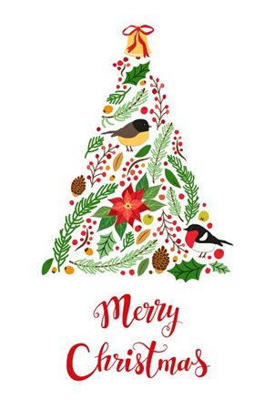 Folded Card Christmas Tree Birds Red