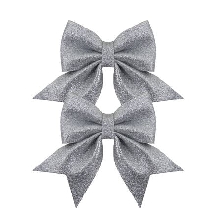 Luxe Glitter Bow Silver 12x13cm X2