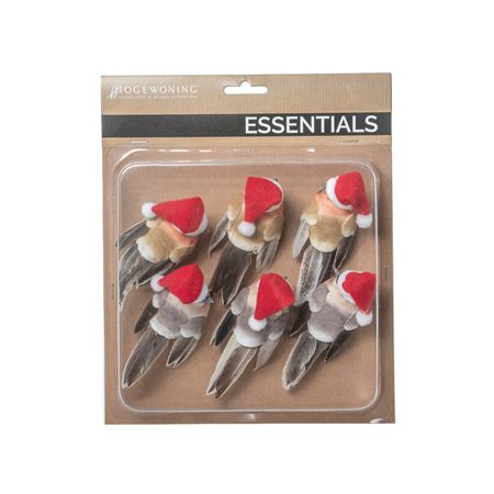 Robin Xmas Hat Birds On Clip 9cm X6