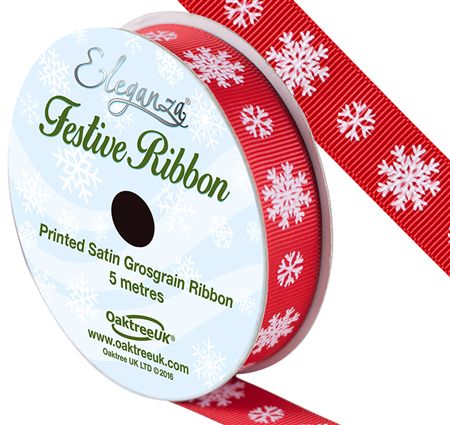 Ribbon Xmas Grosgrain Snowflake Red 15mm