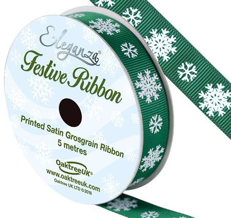 Ribbon Xmas Grosgrain Snowflake Green 15mm  (PACK OF 3)