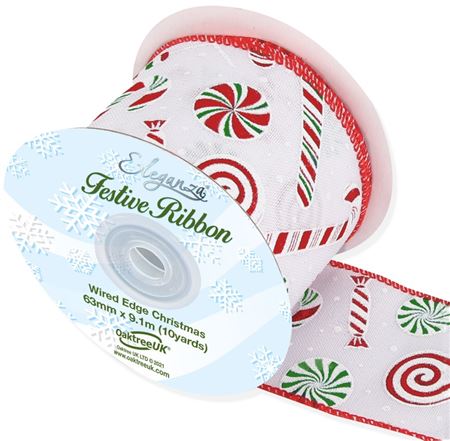 Xmas Ribbon Candy Cane White 63mm