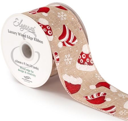 Xmas Ribbon Natural Burlap Santa Hats