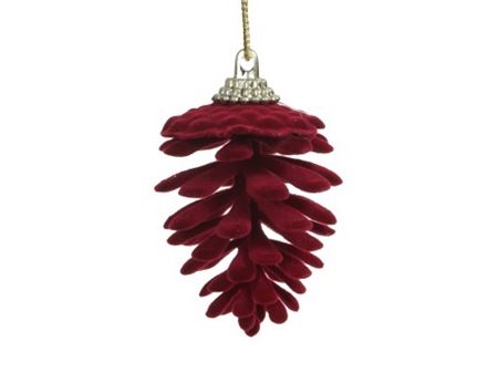 Flock Pine Cones Hang Burgundy X6