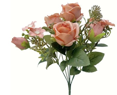 Artificial Rose & Bud Bush Peach 30cm (pack of 2)