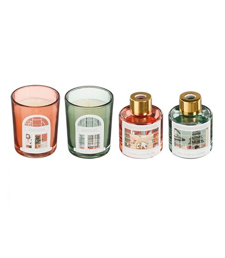 Giftset Scented Candle In Glass Diffuser Red Green